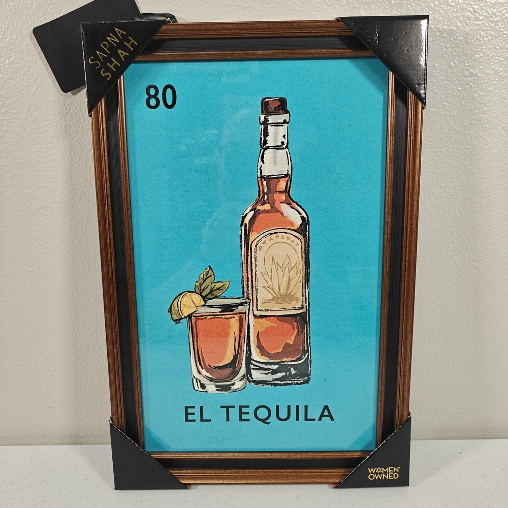 SAPNA SHAH El Tequila Framed Wall Art 12" X 18" 80 Loteria Bottle Glass Lime